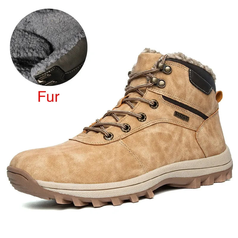 Hnzxzm Brand Genuine Leather Autumn Winter Warm Fur Classic Snow Boots Male Motorcycle Boots Men Warm Ankle High Top Men's Boots