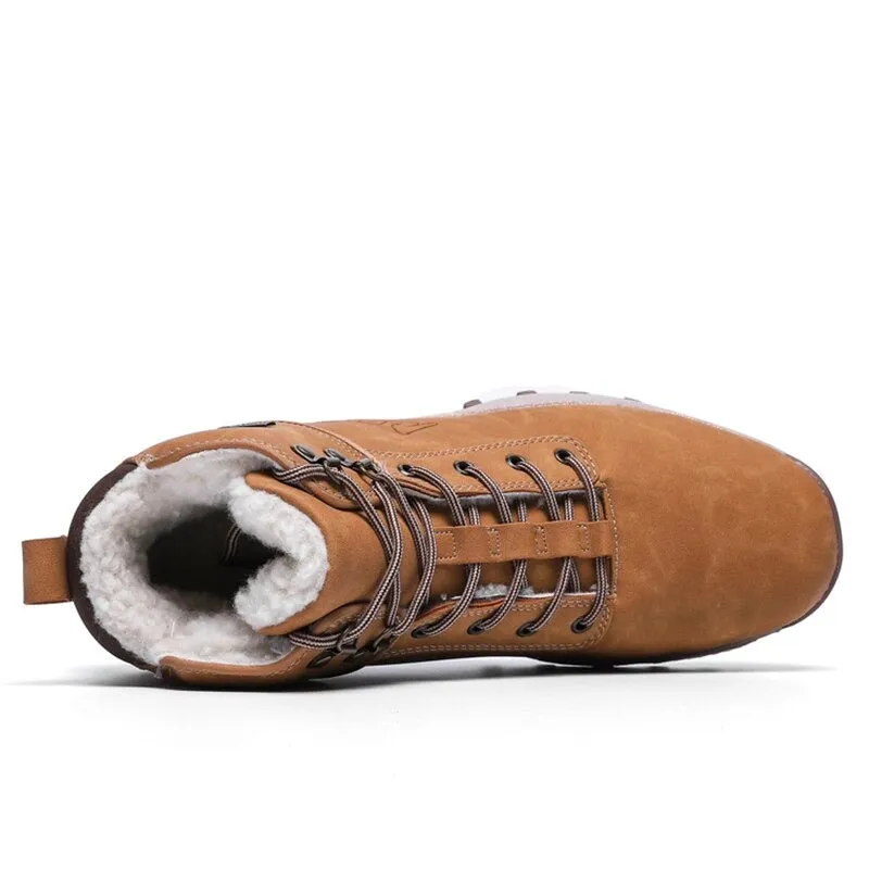 Hnzxzm Brand Genuine Leather Autumn Winter Warm Fur Classic Snow Boots Male Motorcycle Boots Men Warm Ankle High Top Men's Boots