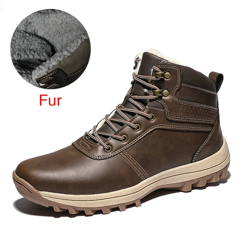 Hnzxzm Brand Genuine Leather Autumn Winter Warm Fur Classic Snow Boots Male Motorcycle Boots Men Warm Ankle High Top Men's Boots