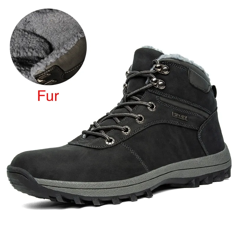 Hnzxzm Brand Genuine Leather Autumn Winter Warm Fur Classic Snow Boots Male Motorcycle Boots Men Warm Ankle High Top Men's Boots