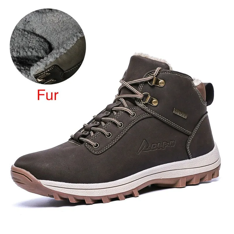 Hnzxzm Brand Genuine Leather Autumn Winter Warm Fur Classic Snow Boots Male Motorcycle Boots Men Warm Ankle High Top Men's Boots