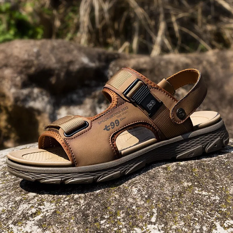 Hnzxzm New Summer Shoes Men Sandals Genuine Leather Flat Non-slip Mens Beach Sandals Male Summer Holiday Footwear A4485