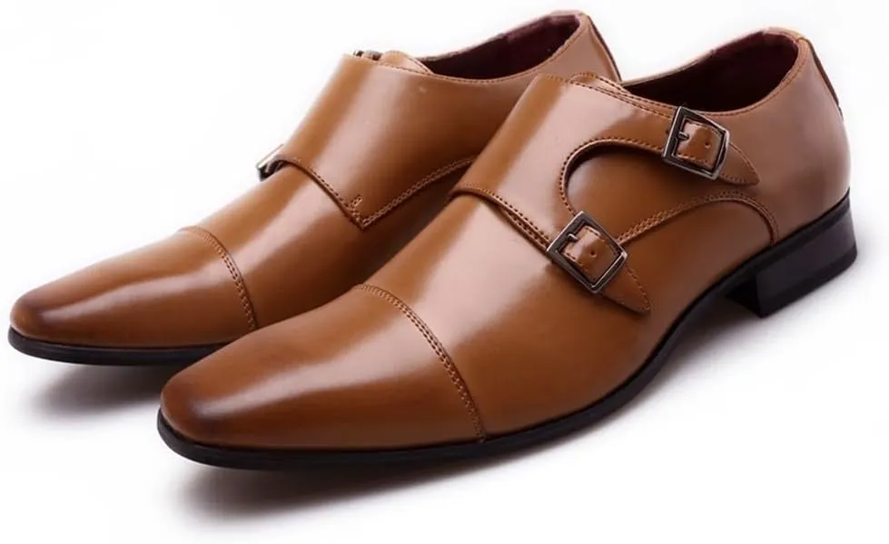 HOOENG Dress Oxford for Men Slip on Double Monk Strap Cap Toe PU Leather Slip Resistant Low Top Block Heel Anti-Slip Non Slip Casual