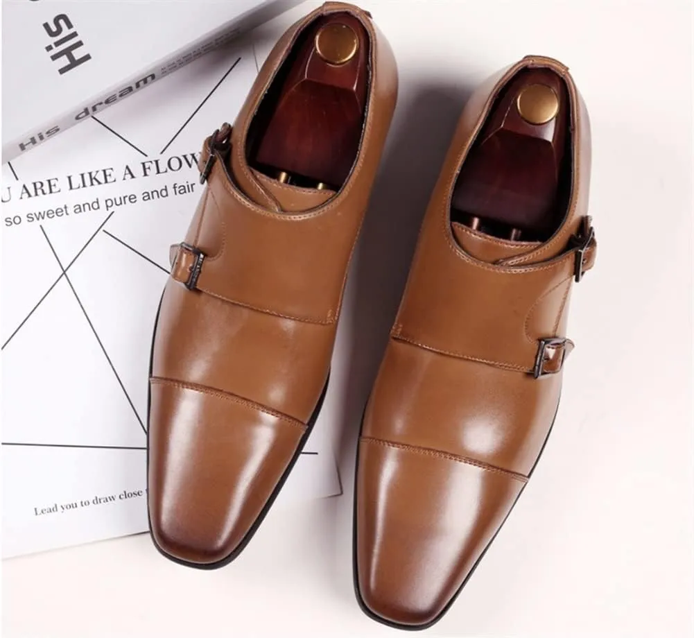 HOOENG Dress Oxford for Men Slip on Double Monk Strap Cap Toe PU Leather Slip Resistant Low Top Block Heel Anti-Slip Non Slip Casual