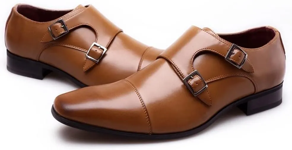 HOOENG Dress Oxford for Men Slip on Double Monk Strap Cap Toe PU Leather Slip Resistant Low Top Block Heel Anti-Slip Non Slip Casual