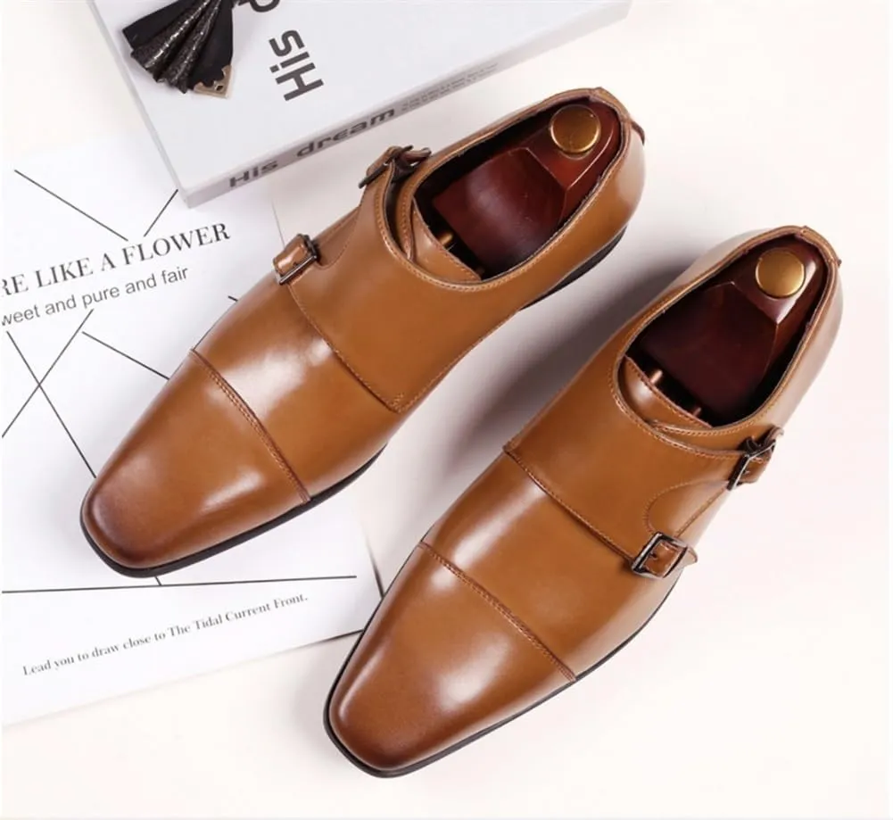 HOOENG Dress Oxford for Men Slip on Double Monk Strap Cap Toe PU Leather Slip Resistant Low Top Block Heel Anti-Slip Non Slip Casual