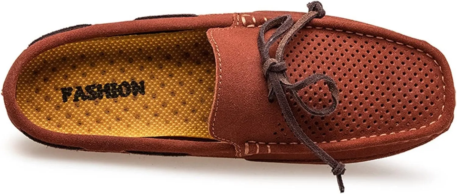 HOOENG Driving Moccasins for Men Genuine Leather Stitching Details Perforated Breathable Mule Loafer Deck Shoes Resistant Flat Heel Soft Comfortable Driving