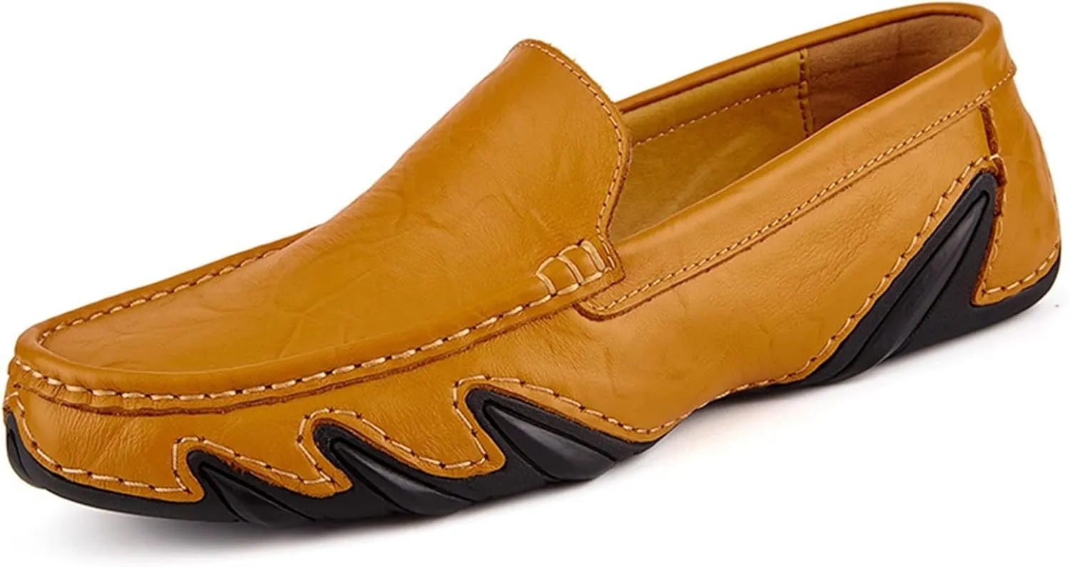 HOOENG Driving Moccasins Loafer Shoes for Men Genuine Leather Round Toe Stitching Details Breathable Perforated Option Resistant Soft Flexible Flat Heel