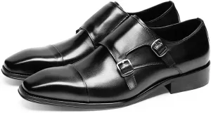 HOOENG Shoes Dress Oxford for Men Slip On Square Burnished Toe Double Monk Strap Cap Toe Genuine Leather Slip Resistant Low Top Rubber Sole Casual (Color : Black, Size : 10)