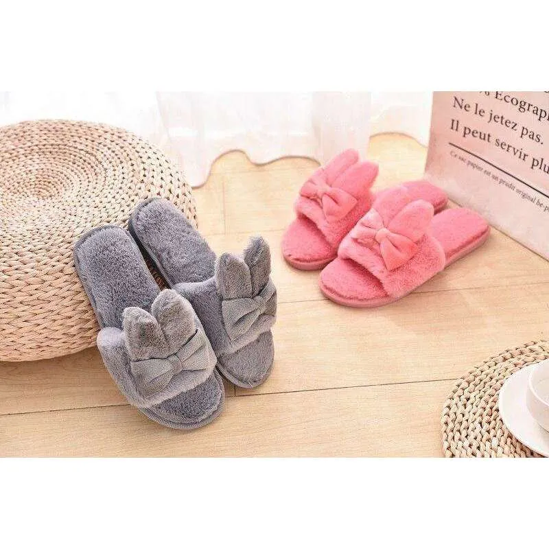 Indoor Plush Bow Ear Slippers