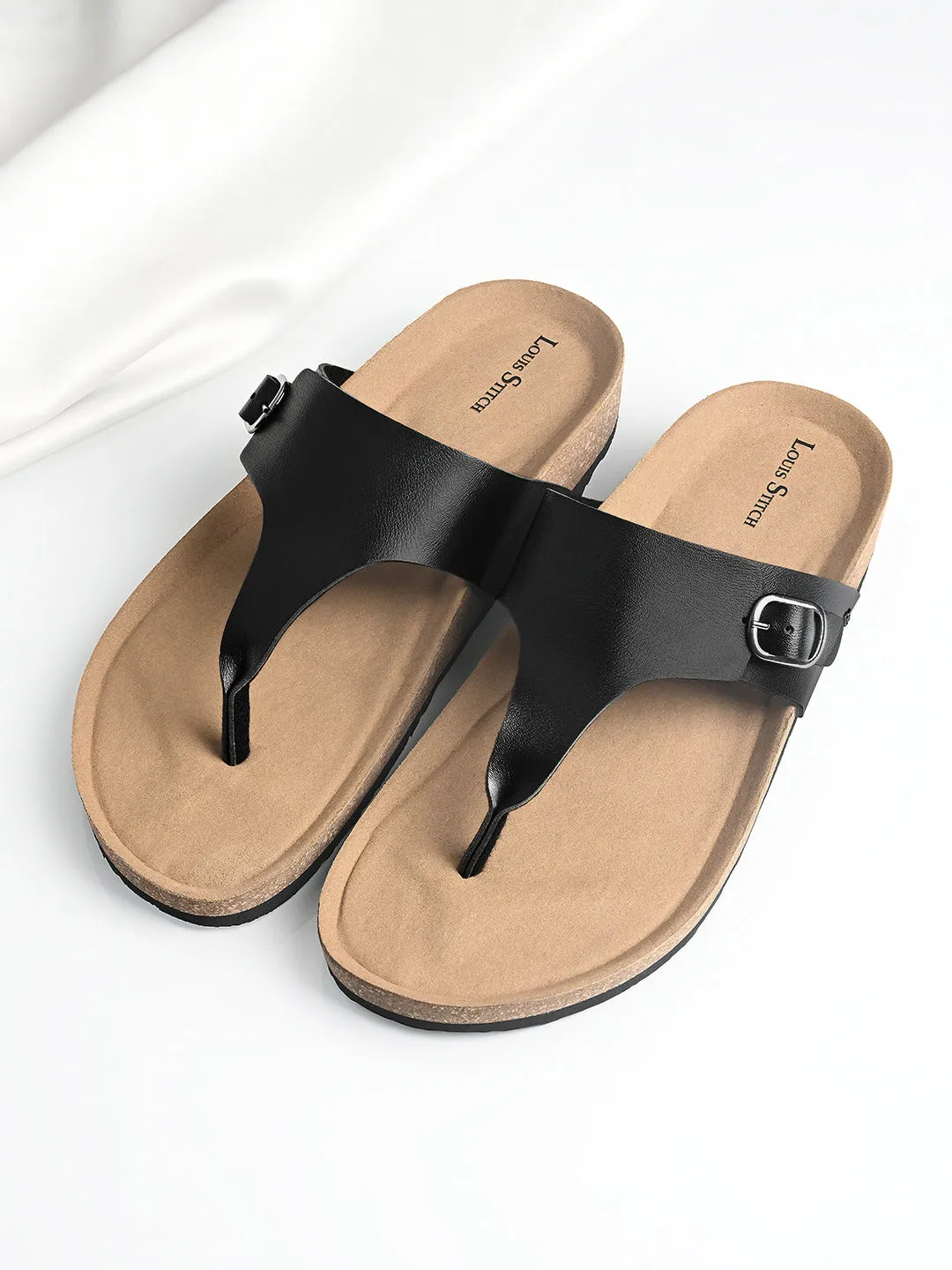 Jet Black Open Toe Lightweight Thong Style Cork Sandal