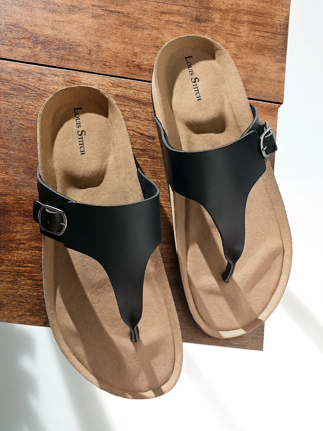 Jet Black Open Toe Lightweight Thong Style Cork Sandal