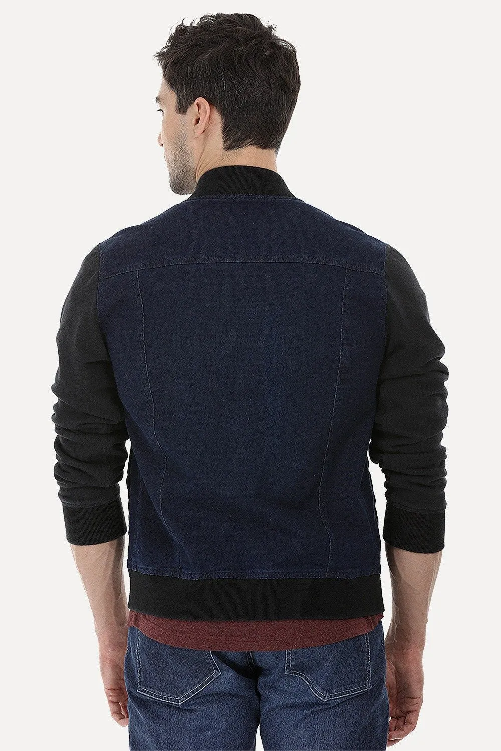 Knitted Sleeves Bomber Denim Jacket