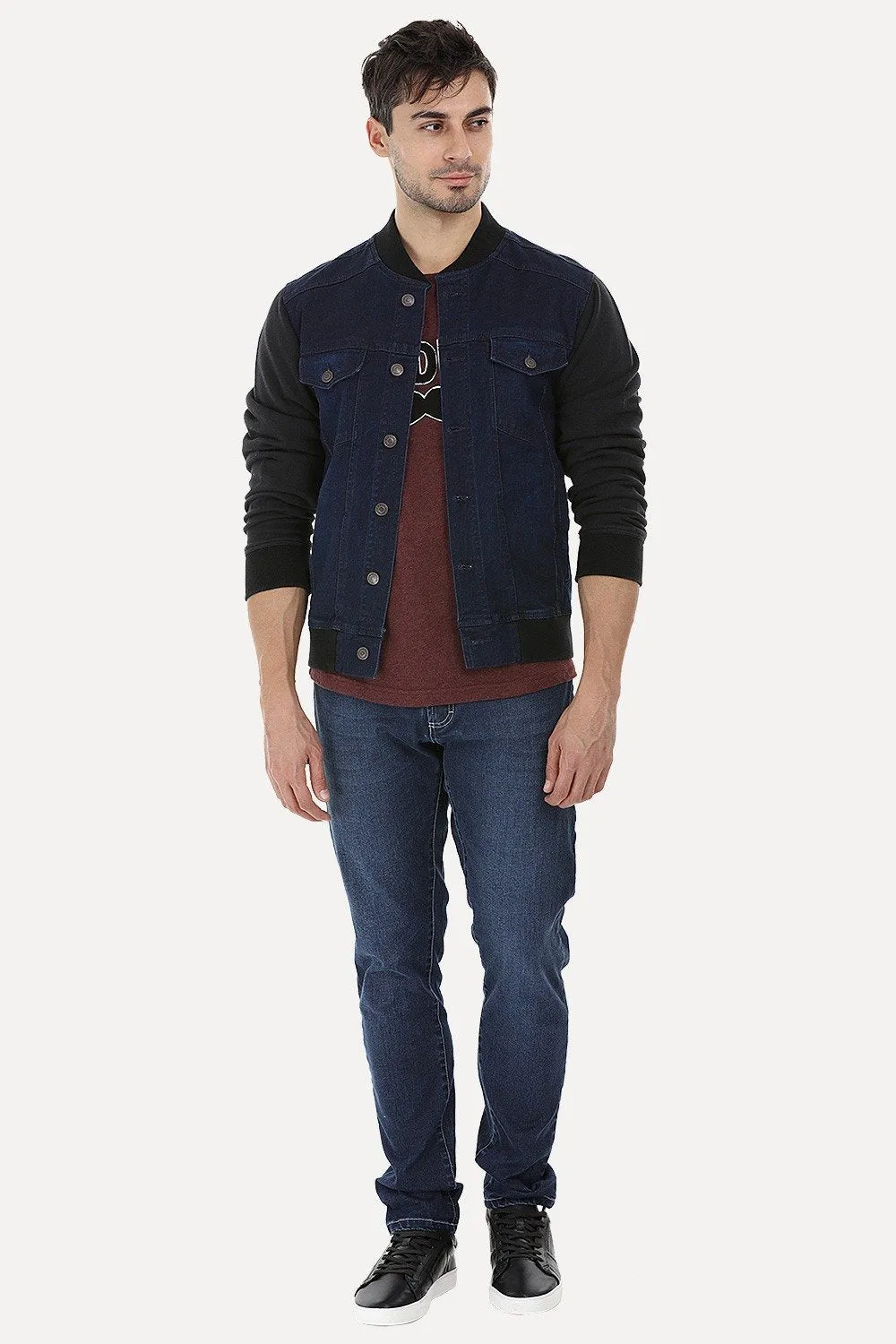 Knitted Sleeves Bomber Denim Jacket