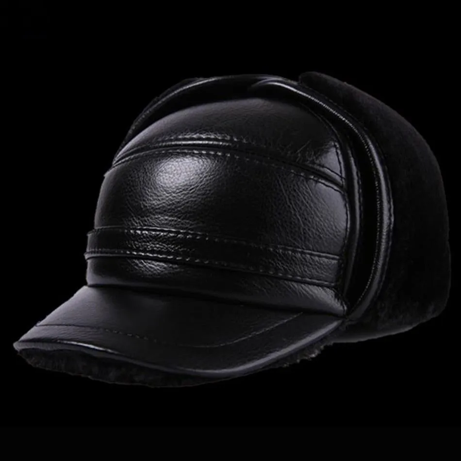 LA SPEZIA Winter Bomber Hat Men Russian Genuine Cow Leather Ushanka Cap With Ear Flaps Warm Fur Lining