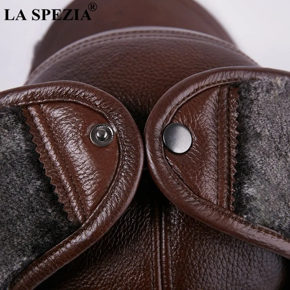 LA SPEZIA Winter Bomber Hat Men Russian Genuine Cow Leather Ushanka Cap With Ear Flaps Warm Fur Lining