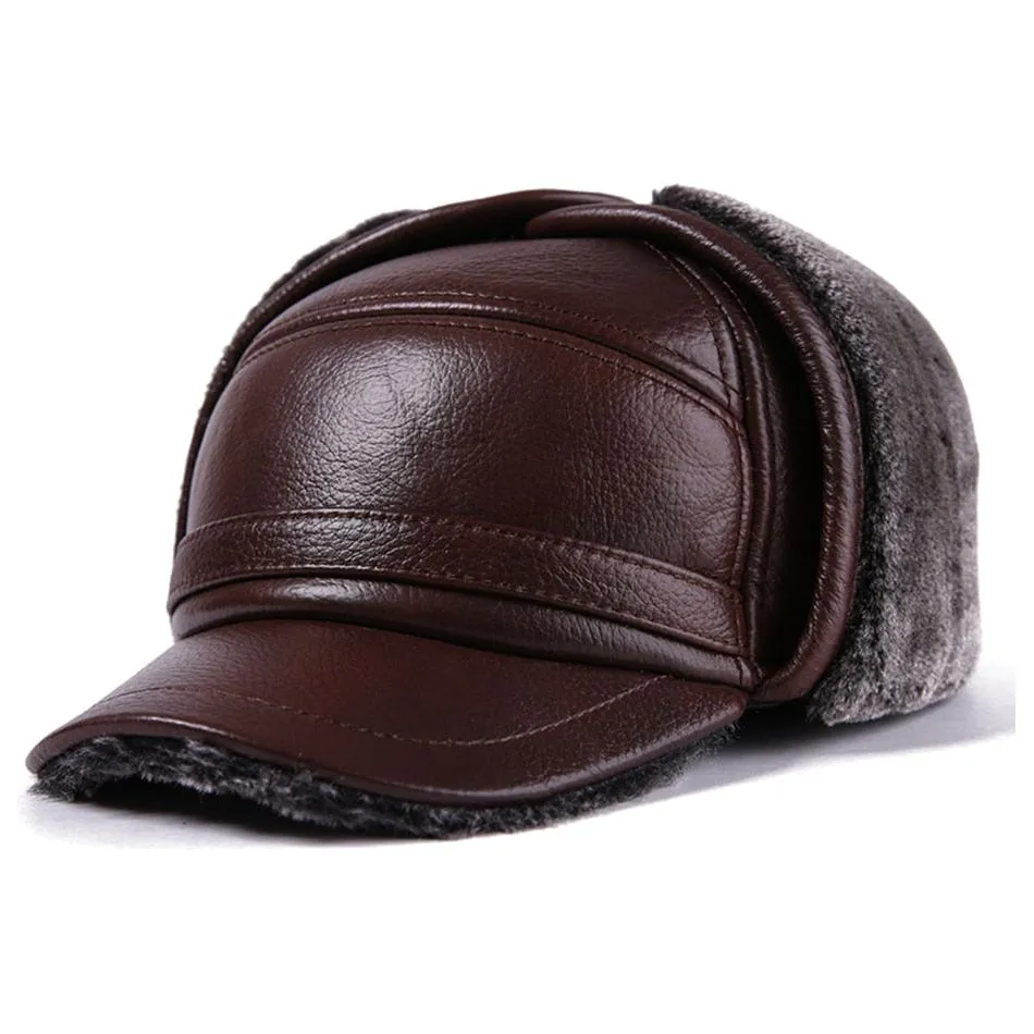 LA SPEZIA Winter Bomber Hat Men Russian Genuine Cow Leather Ushanka Cap With Ear Flaps Warm Fur Lining