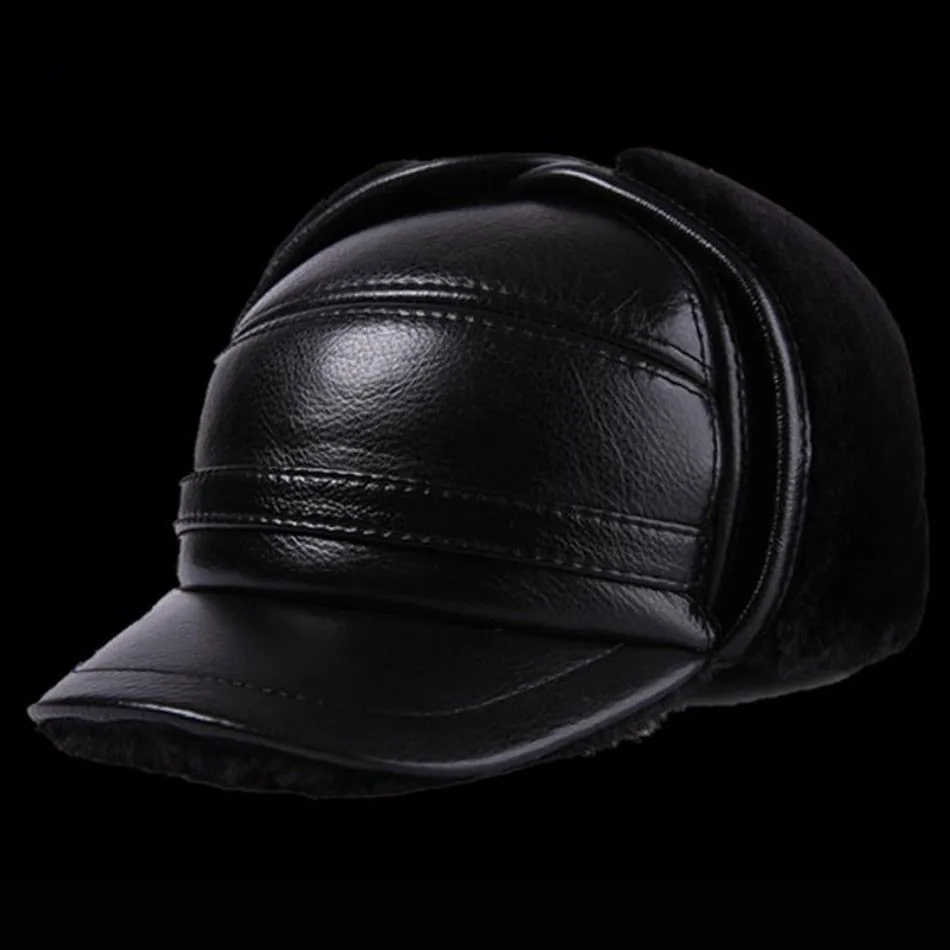 LA SPEZIA Winter Bomber Hat Men Russian Genuine Cow Leather Ushanka Cap With Ear Flaps Warm Fur Lining