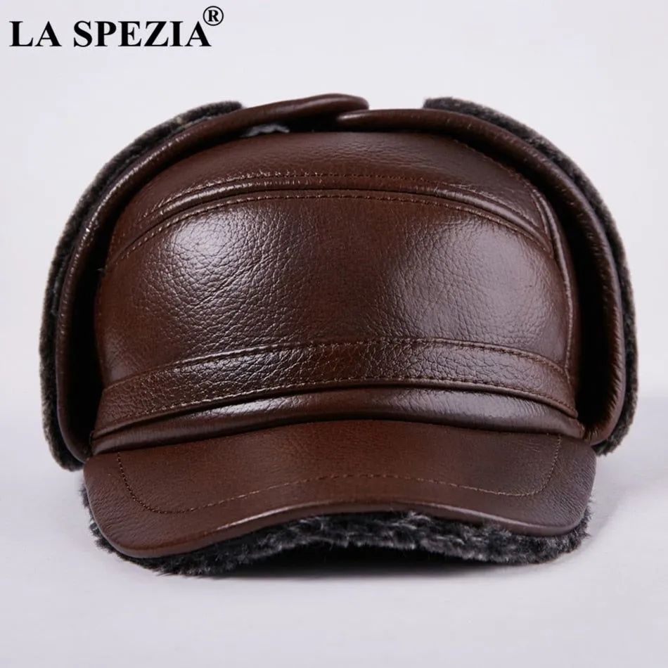 LA SPEZIA Winter Bomber Hat Men Russian Genuine Cow Leather Ushanka Cap With Ear Flaps Warm Fur Lining
