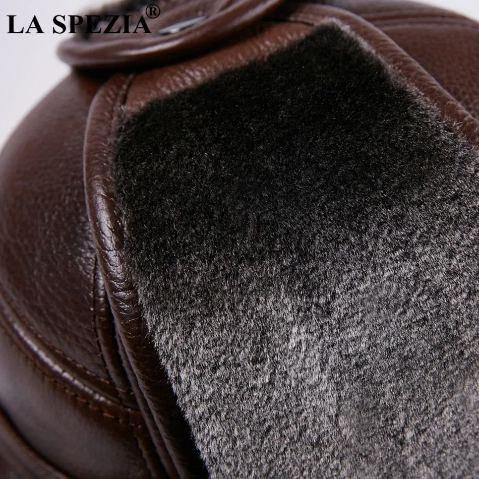 LA SPEZIA Winter Bomber Hat Men Russian Genuine Cow Leather Ushanka Cap With Ear Flaps Warm Fur Lining