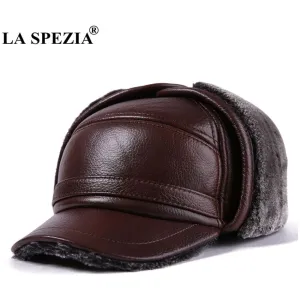 LA SPEZIA Winter Bomber Hat Men Russian Genuine Cow Leather Ushanka Cap With Ear Flaps Warm Fur Lining