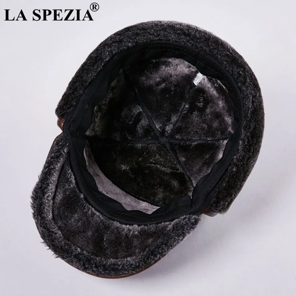 LA SPEZIA Winter Bomber Hat Men Russian Genuine Cow Leather Ushanka Cap With Ear Flaps Warm Fur Lining