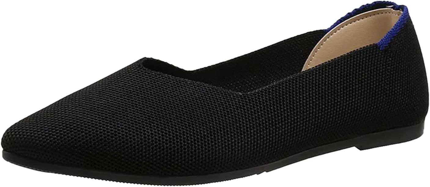 Ladies Fashion Solid Color Breathable Mesh Pointed Comfort Flat Casual Shoes Ladies Retro Shoes (Black, 6)