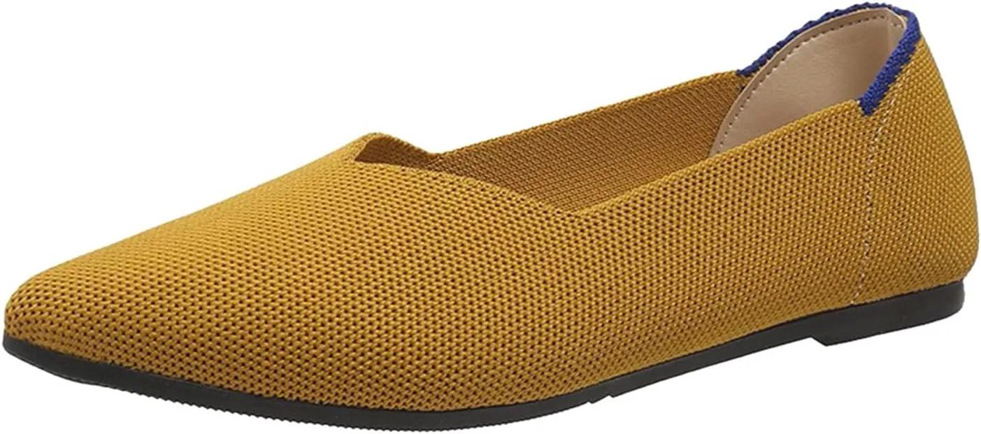 Ladies Fashion Solid Color Breathable Mesh Pointed Comfort Flat Casual Shoes Ladies Retro Shoes (Yellow, 6)