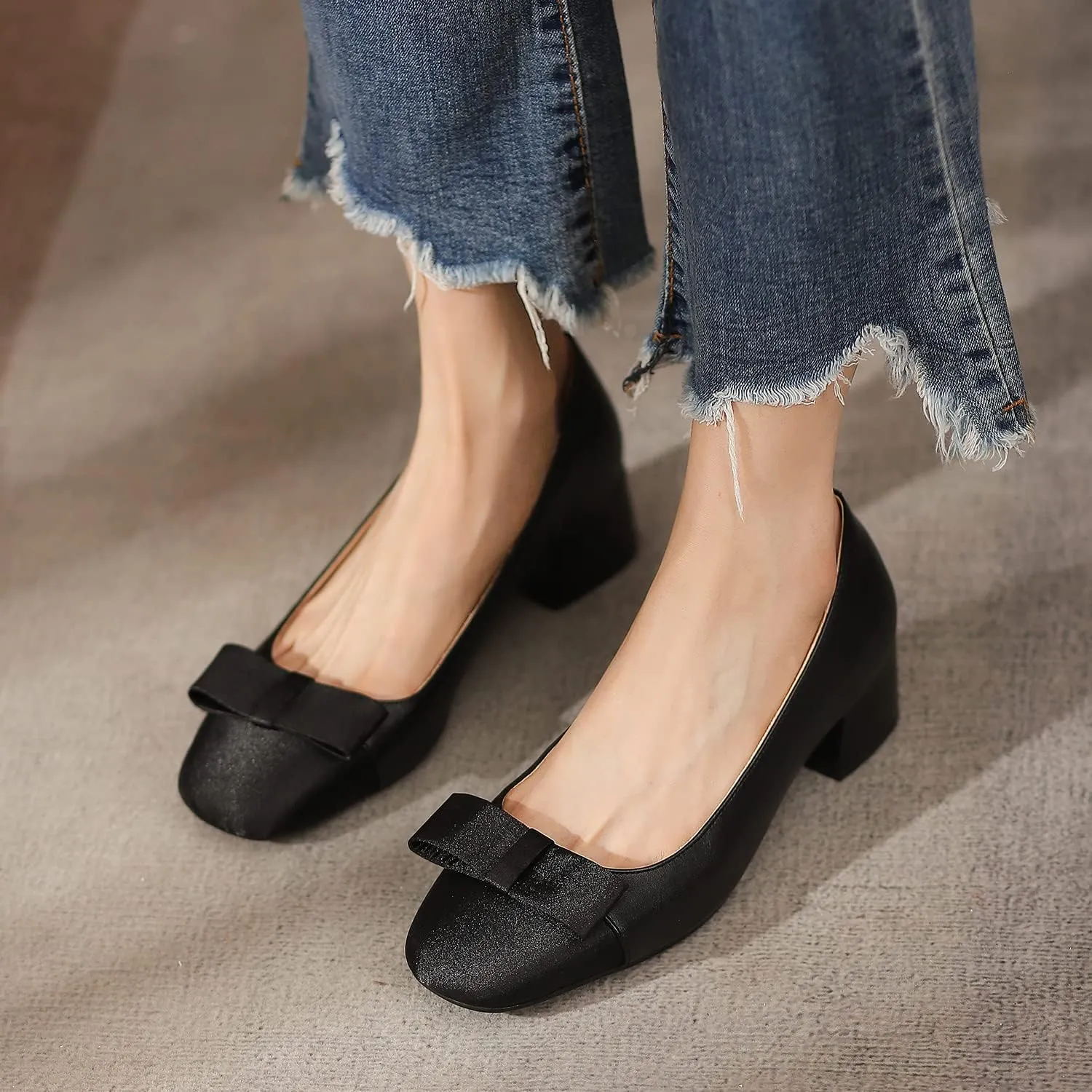 LEHOOR Women Round Cap Toe Pumps Low Chunky Heel Bow Satin Closed Toe 1.5 Inch Mid Block Heel Pump Shoes Two Toned Patchwork Comfort Cute Classic Dress Shoes Office Wedding Party Size 4-11 M US