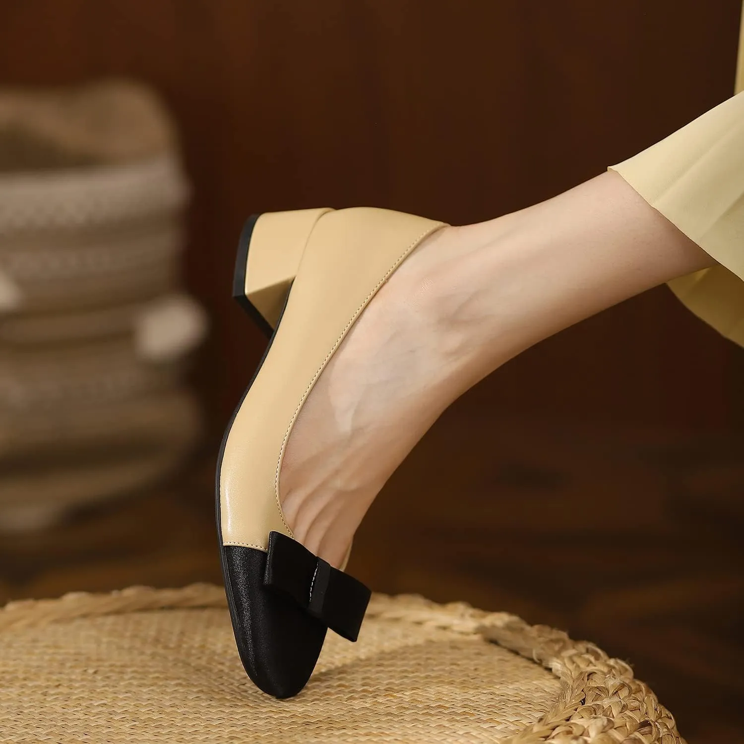 LEHOOR Women Round Cap Toe Pumps Low Chunky Heel Bow Satin Closed Toe 1.5 Inch Mid Block Heel Pump Shoes Two Toned Patchwork Comfort Cute Classic Dress Shoes Office Wedding Party Size 4-11 M US