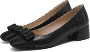 LEHOOR Women Round Cap Toe Pumps Low Chunky Heel Bow Satin Closed Toe 1.5 Inch Mid Block Heel Pump Shoes Two Toned Patchwork Comfort Cute Classic Dress Shoes Office Wedding Party Size 4-11 M US