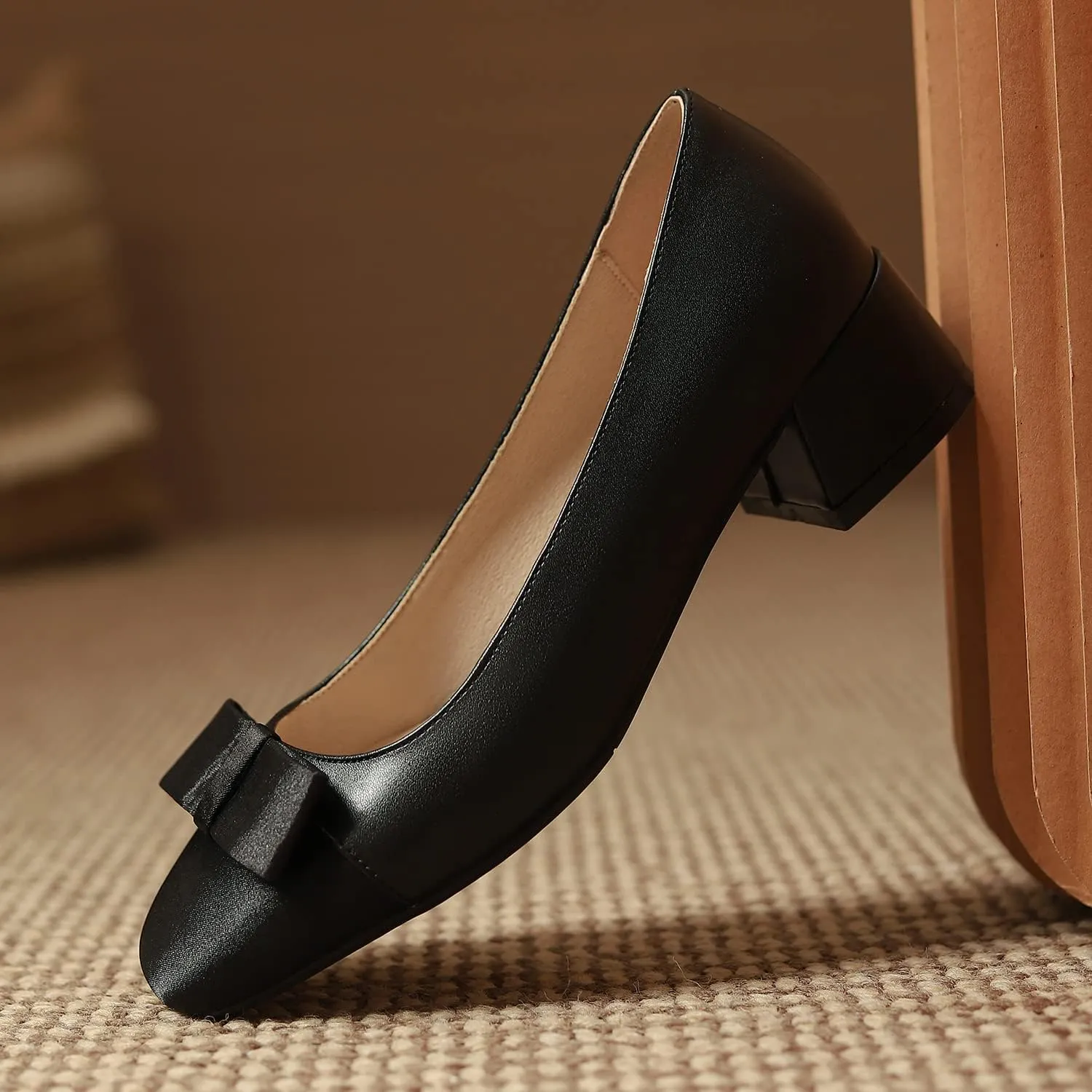 LEHOOR Women Round Cap Toe Pumps Low Chunky Heel Bow Satin Closed Toe 1.5 Inch Mid Block Heel Pump Shoes Two Toned Patchwork Comfort Cute Classic Dress Shoes Office Wedding Party Size 4-11 M US