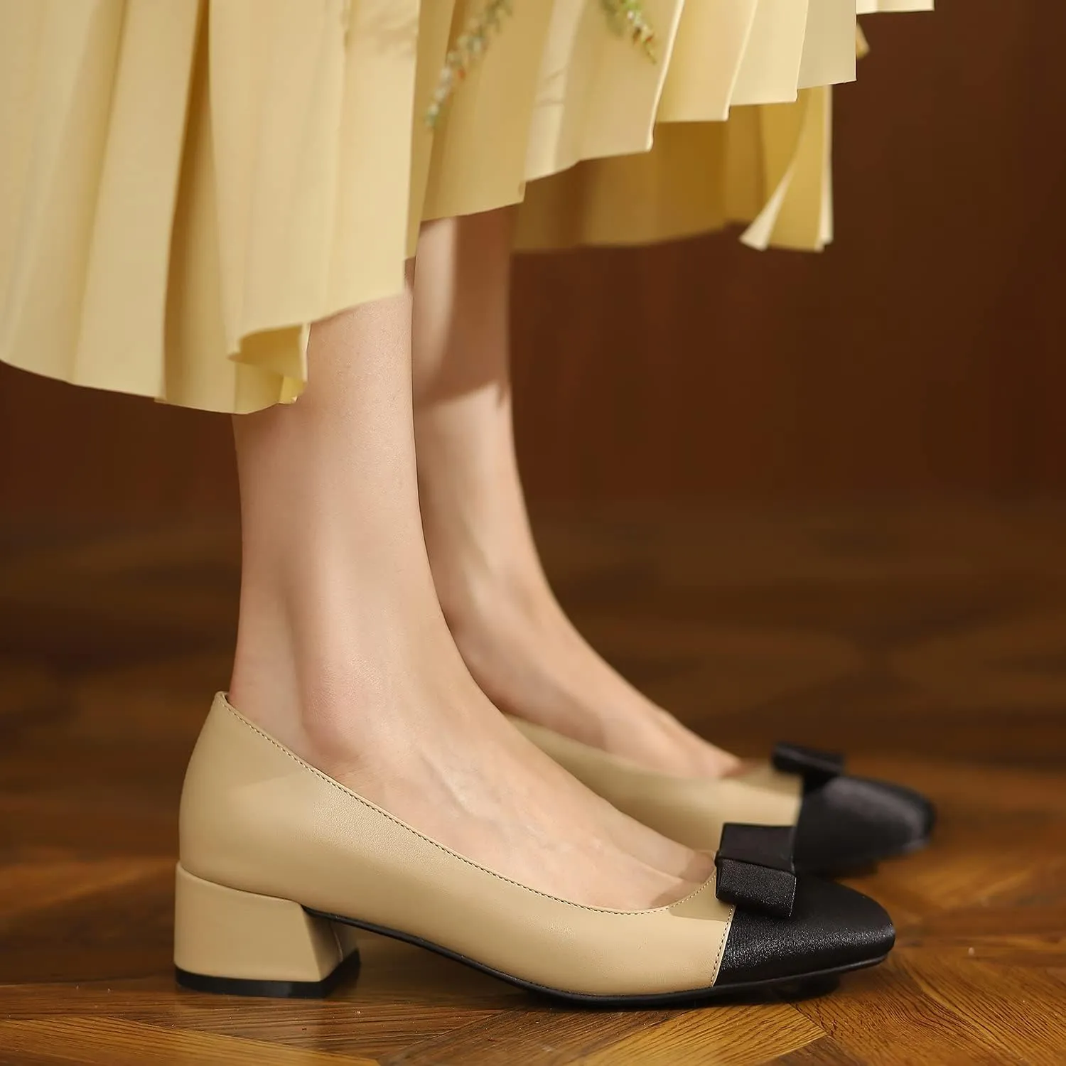 LEHOOR Women Round Cap Toe Pumps Low Chunky Heel Bow Satin Closed Toe 1.5 Inch Mid Block Heel Pump Shoes Two Toned Patchwork Comfort Cute Classic Dress Shoes Office Wedding Party Size 4-11 M US