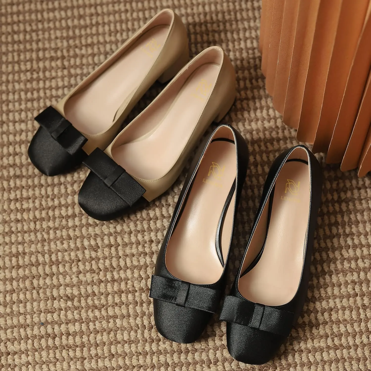 LEHOOR Women Round Cap Toe Pumps Low Chunky Heel Bow Satin Closed Toe 1.5 Inch Mid Block Heel Pump Shoes Two Toned Patchwork Comfort Cute Classic Dress Shoes Office Wedding Party Size 4-11 M US