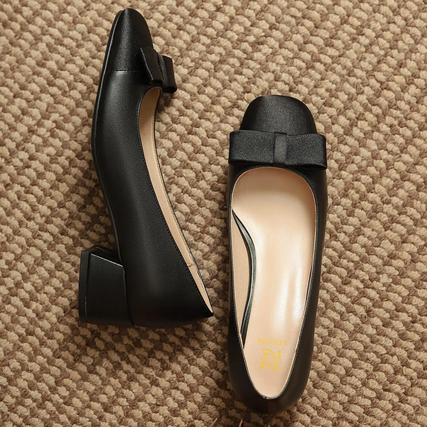 LEHOOR Women Round Cap Toe Pumps Low Chunky Heel Bow Satin Closed Toe 1.5 Inch Mid Block Heel Pump Shoes Two Toned Patchwork Comfort Cute Classic Dress Shoes Office Wedding Party Size 4-11 M US
