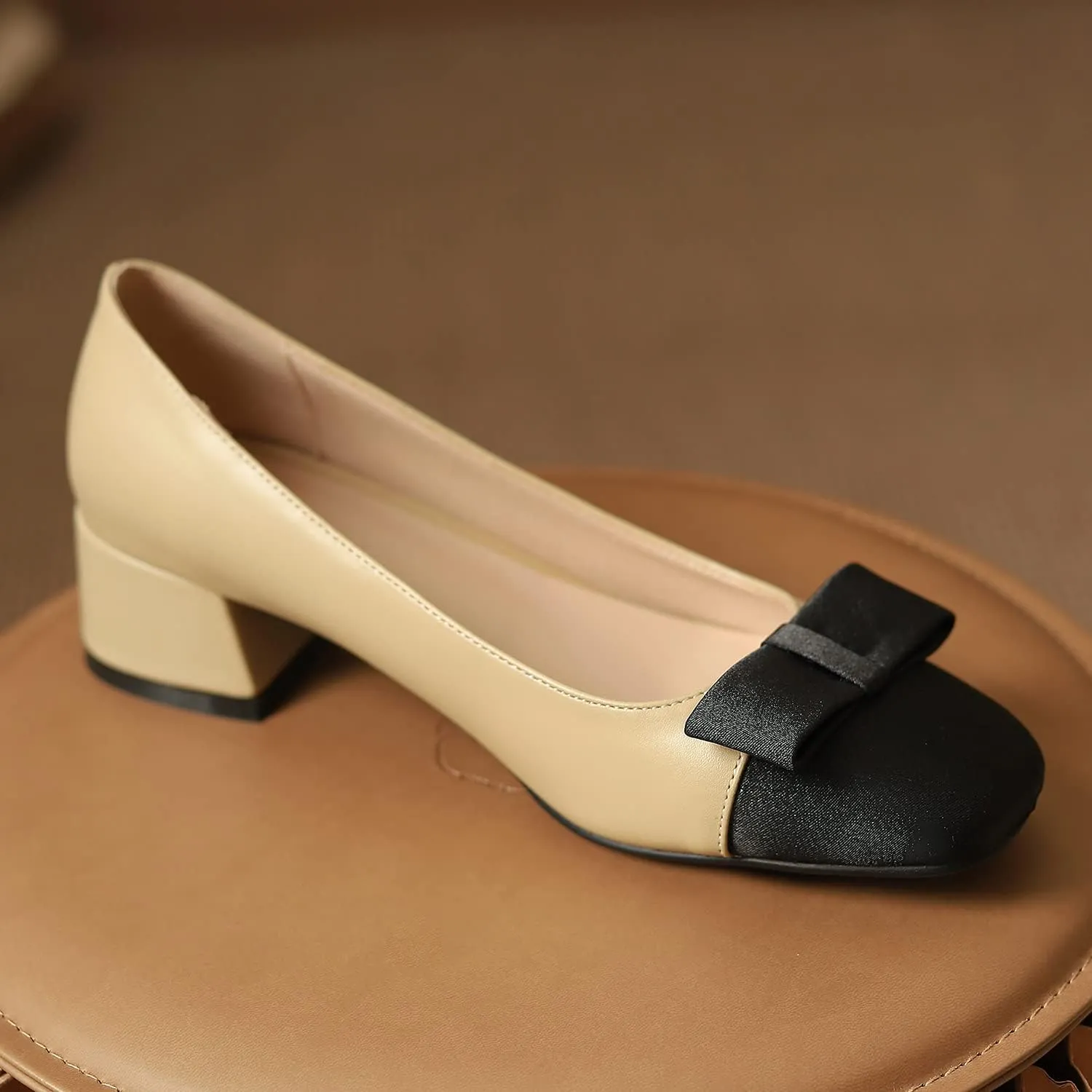 LEHOOR Women Round Cap Toe Pumps Low Chunky Heel Bow Satin Closed Toe 1.5 Inch Mid Block Heel Pump Shoes Two Toned Patchwork Comfort Cute Classic Dress Shoes Office Wedding Party Size 4-11 M US