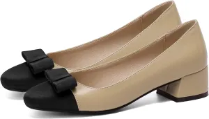 LEHOOR Women Round Cap Toe Pumps Low Chunky Heel Bow Satin Closed Toe 1.5 Inch Mid Block Heel Pump Shoes Two Toned Patchwork Comfort Cute Classic Dress Shoes Office Wedding Party Size 4-11 M US