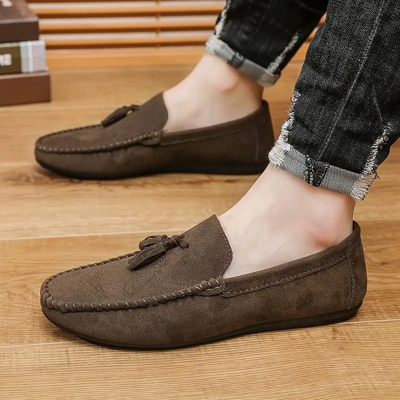 Loafers for Men Round Toe Nubuck Leather with Tassel Loafer Slip Resistant Flat Heel Anti-Slip Outdoor Wedding Slip-on