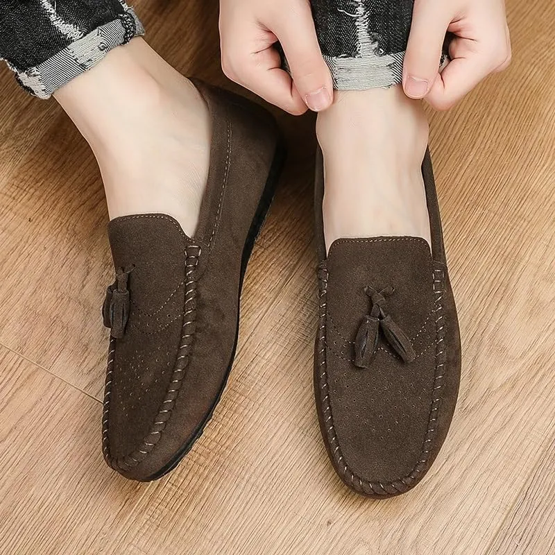 Loafers for Men Round Toe Nubuck Leather with Tassel Loafer Slip Resistant Flat Heel Anti-Slip Outdoor Wedding Slip-on