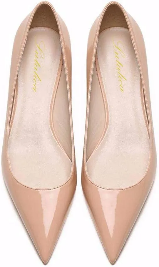 Lutalica W Women's Patent Leather Pointed Toe Basic Comfort Slip On Kitten Heel Dress Pumps Shoes