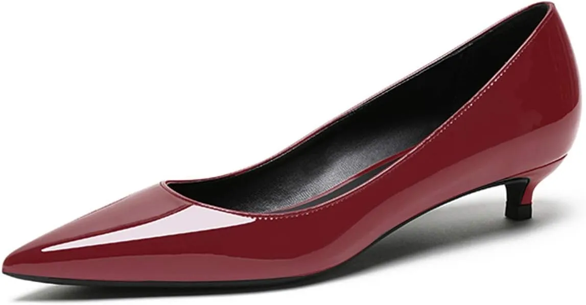 Lutalica W Women's Patent Leather Pointed Toe Basic Comfort Slip On Kitten Heel Dress Pumps Shoes