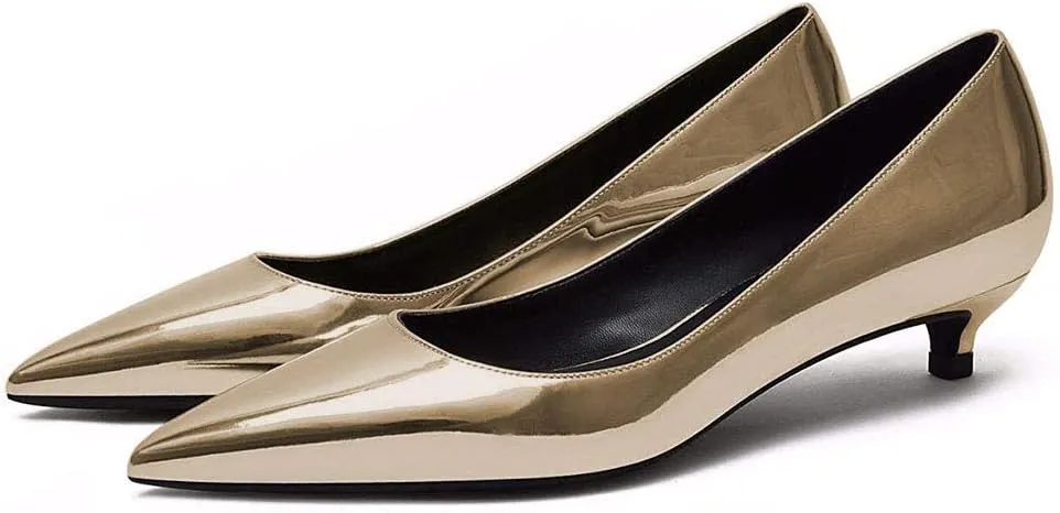 Lutalica W Women's Patent Leather Pointed Toe Basic Comfort Slip On Kitten Heel Dress Pumps Shoes