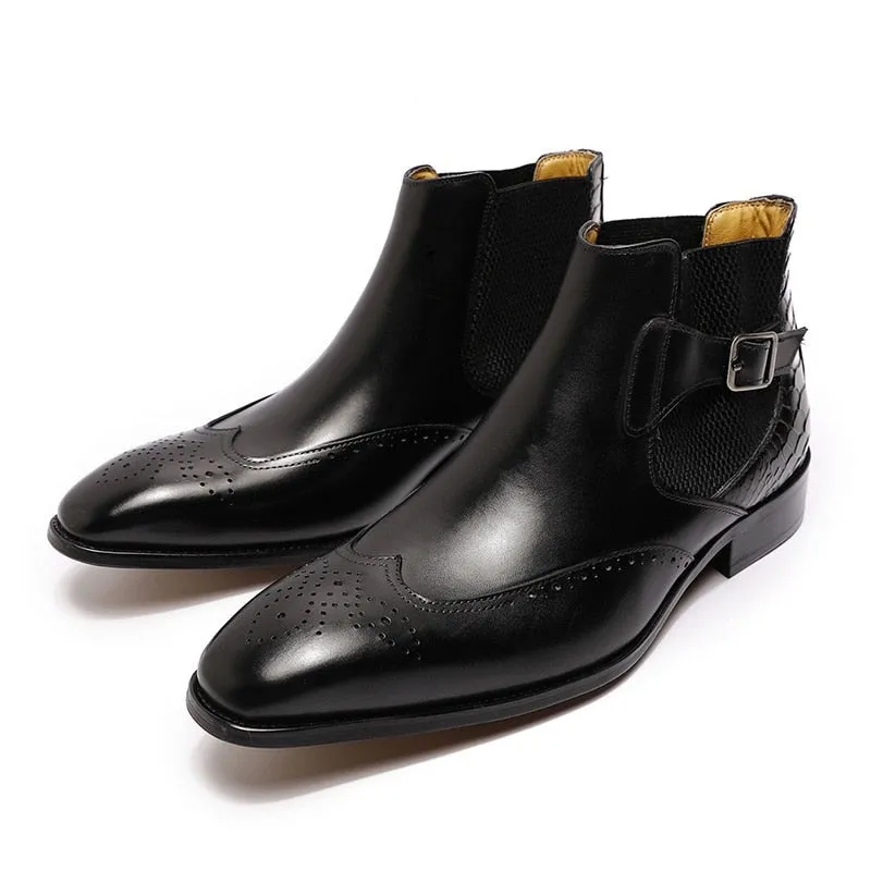 Luxury Buckle Strap Wingtip Men's Chelsea Boot