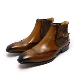 Luxury Buckle Strap Wingtip Men's Chelsea Boot