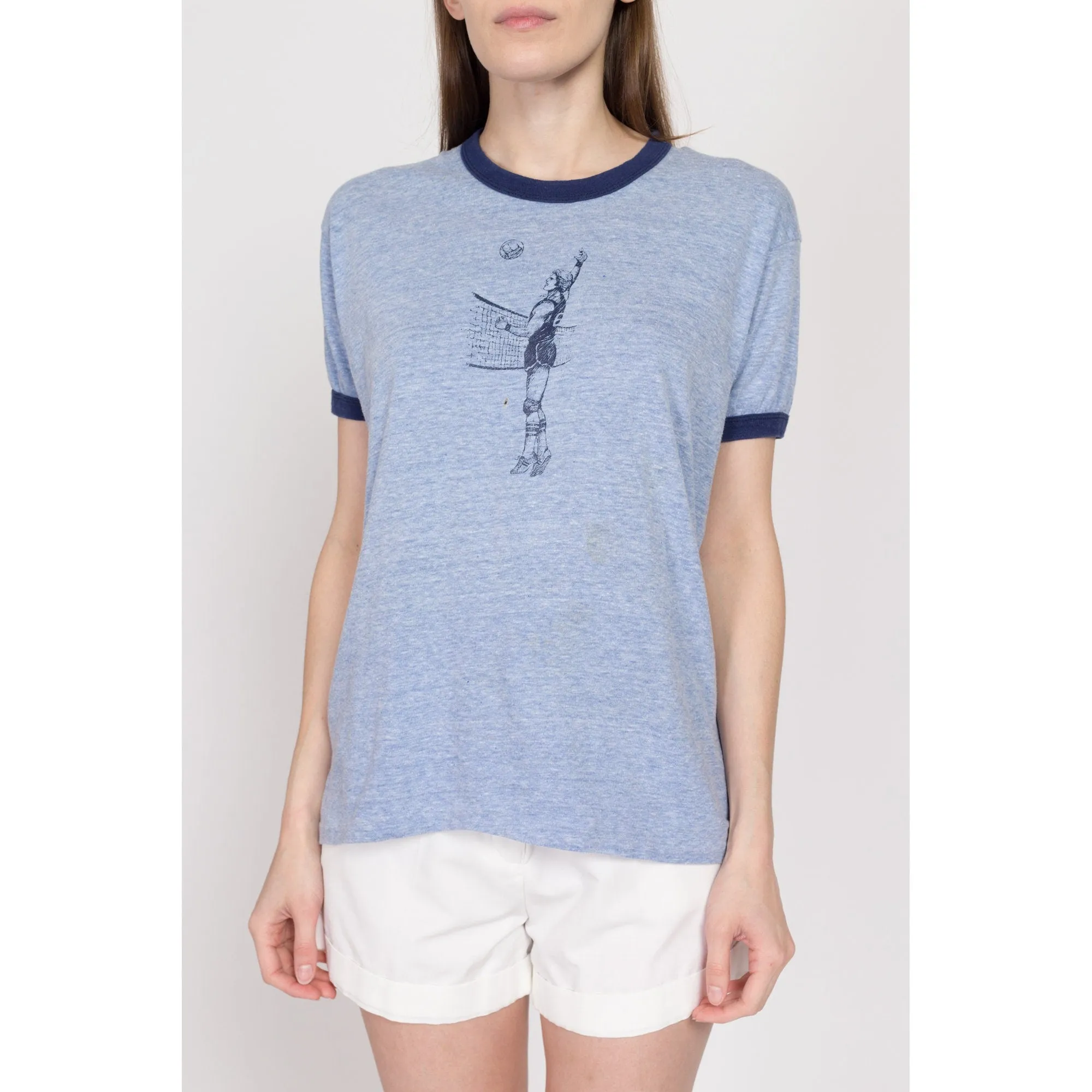 Med-Lrg 70s Volleyball Graphic Blue Ringer Tee