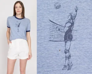 Med-Lrg 70s Volleyball Graphic Blue Ringer Tee
