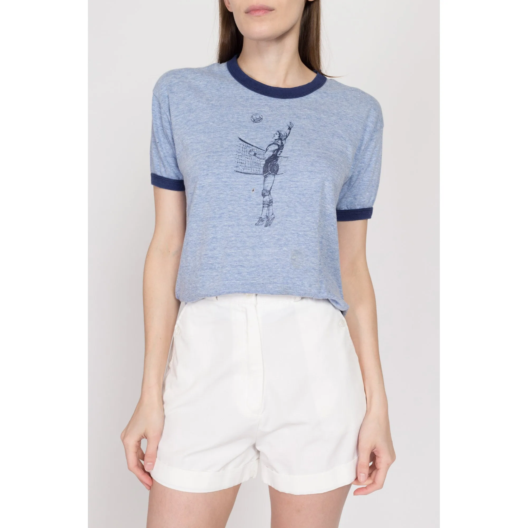 Med-Lrg 70s Volleyball Graphic Blue Ringer Tee