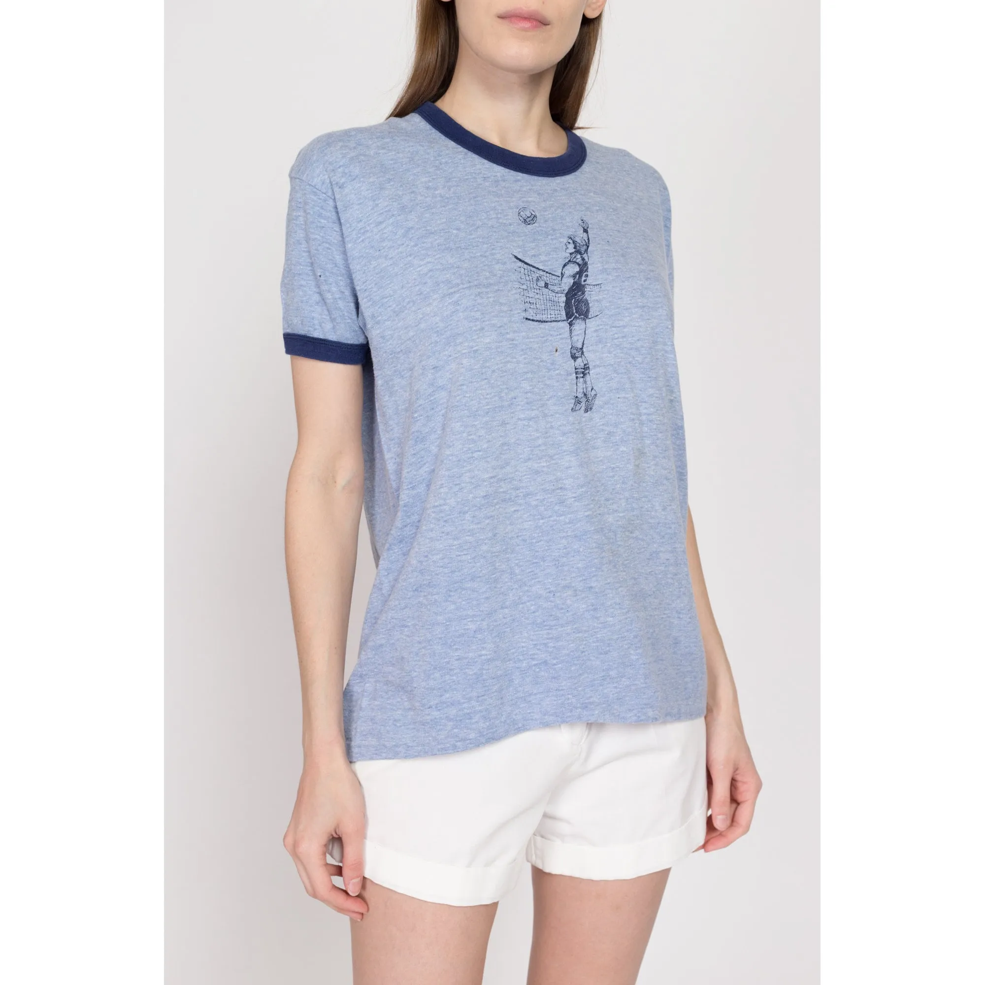 Med-Lrg 70s Volleyball Graphic Blue Ringer Tee