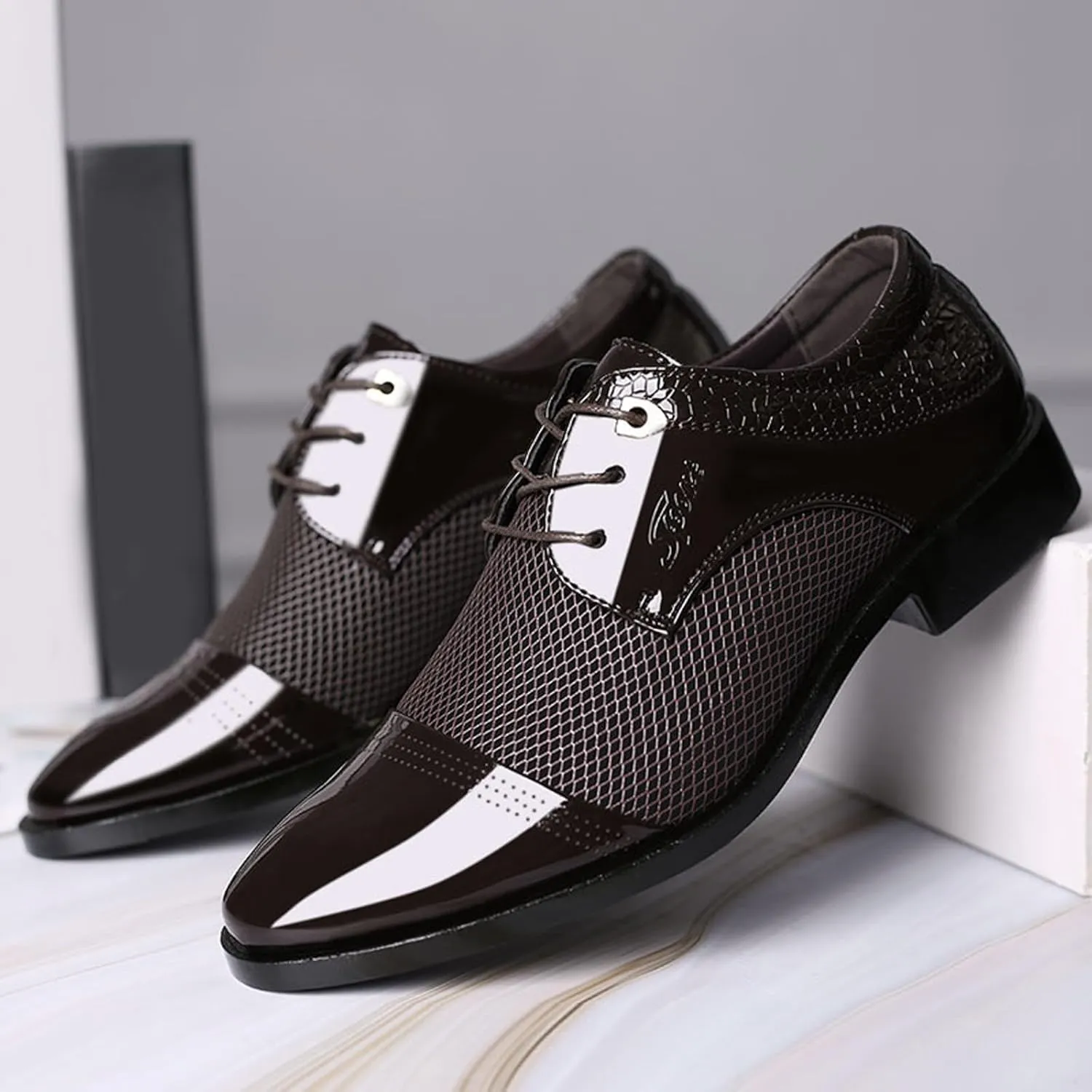 Mens Business Casual Shoes Wide Width Men Breathable Business Formal Casual Pointed Toe Shiny Lace Up Patchwork Leather Shoes Men's Dress Shoes Brown Casual