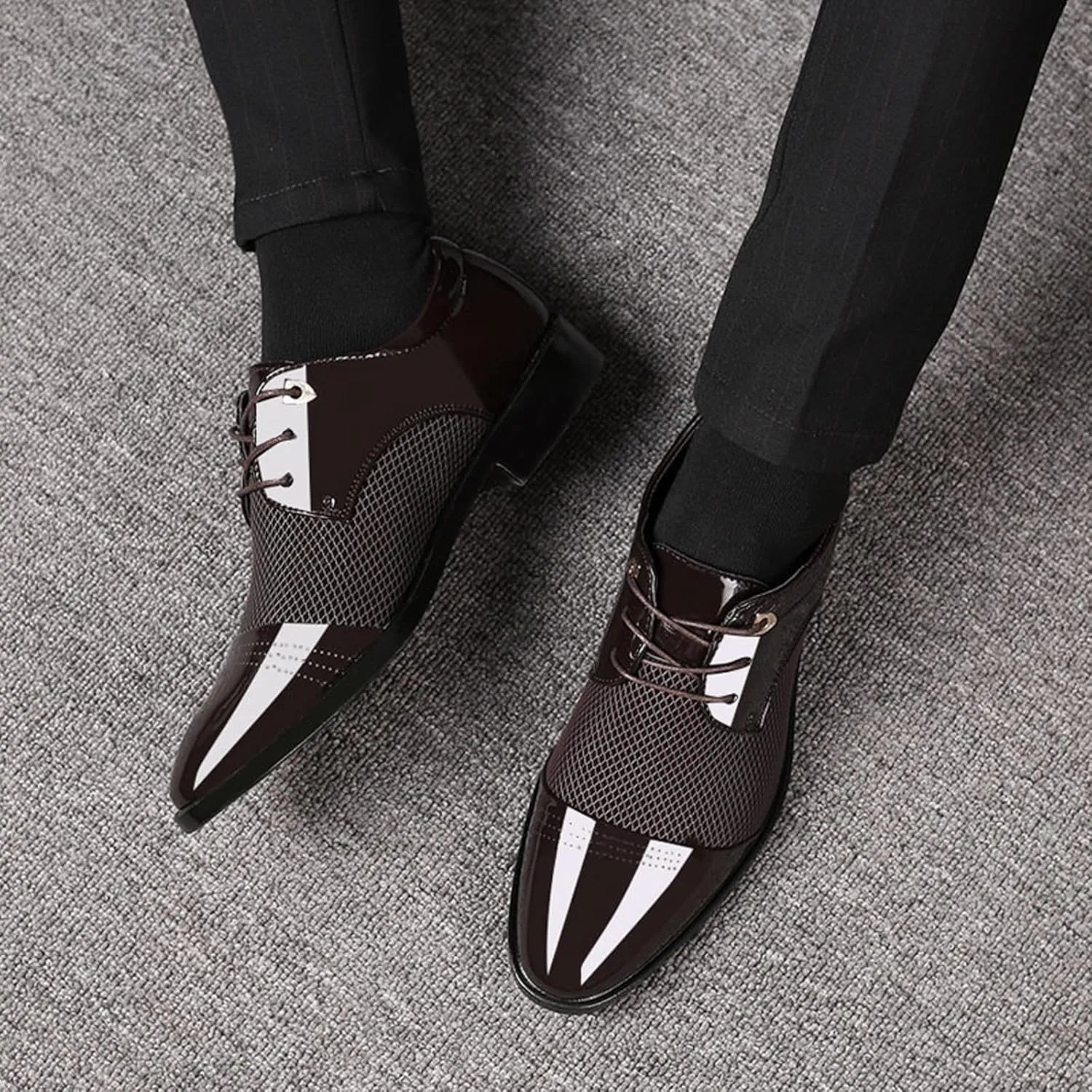 Mens Business Casual Shoes Wide Width Men Breathable Business Formal Casual Pointed Toe Shiny Lace Up Patchwork Leather Shoes Men's Dress Shoes Brown Casual